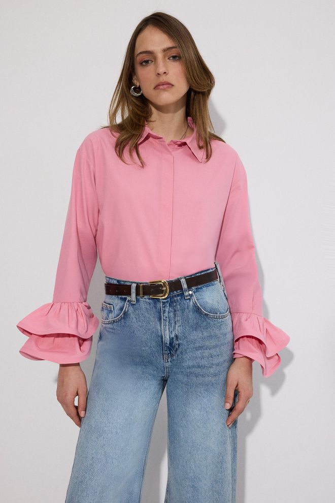 Touche Prive Pink Casual Elegant Preppy Shirt With Ruffle Sleeves Wholesale Clothing Work