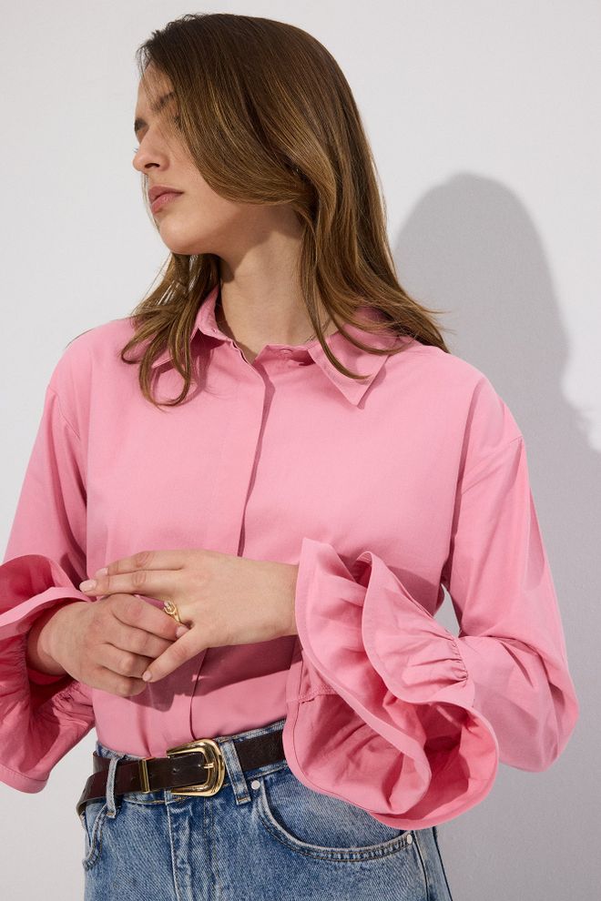 Touche Prive Pink Casual Elegant Preppy Shirt With Ruffle Sleeves Wholesale Clothing 5
