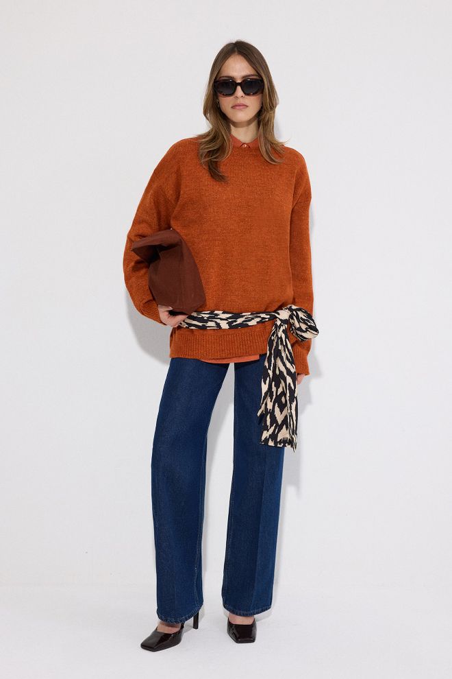 Touche Prive Orange Oversized Fit Sweater With Round Neck Wholesale Clothing 1