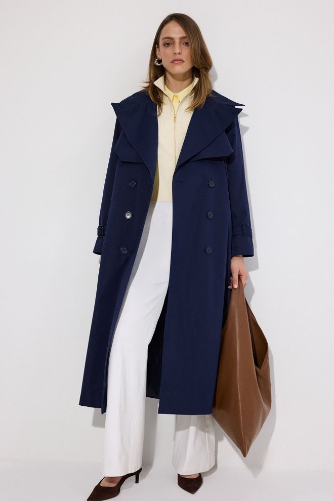 Touche Prive Navy Blue Trenchcoat Elegant & Versatile Buttoned Design Wholesale Clothing Work