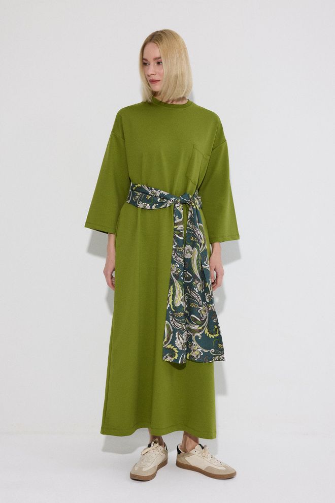 Touche Prive Green Maxi Sweater Dress With 3/4 Sleeves Wholesale Clothing Modest