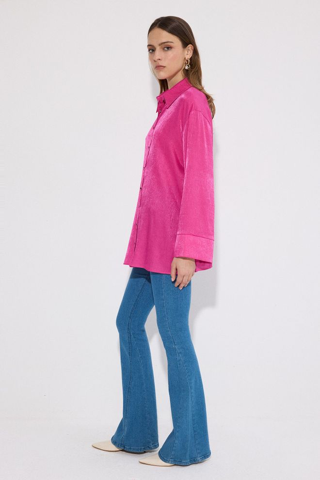 Touche Prive Fuchsia Oversized Polo Neck Buttoned Shirt Wholesale Clothing Spring