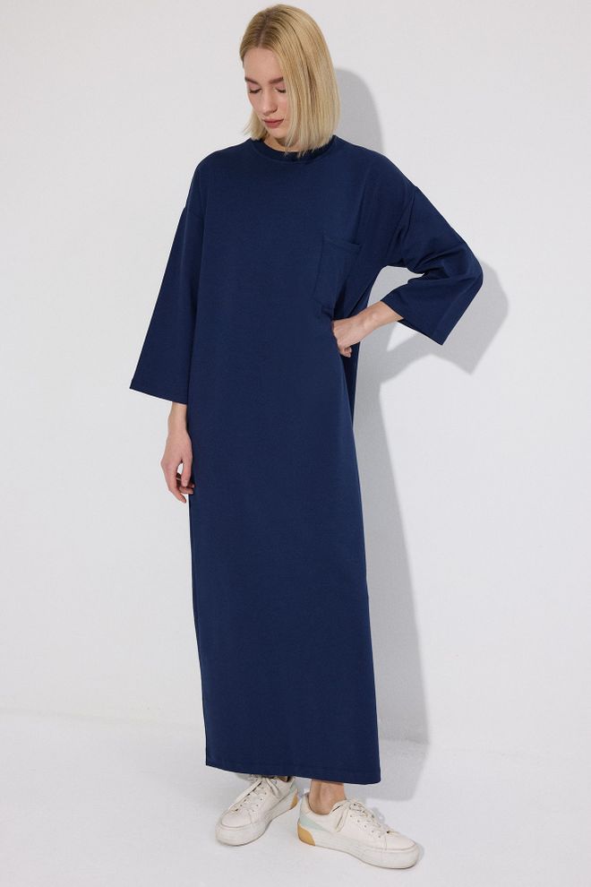 Touche Prive Navy Blue Sweater Dress With 3/4 Straight Sleeves Wholesale Clothing Casual