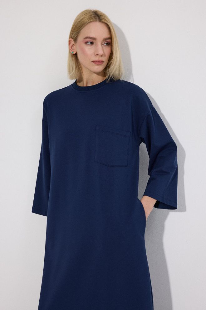 Touche Prive Navy Blue Sweater Dress With 3/4 Straight Sleeves Wholesale Clothing 1