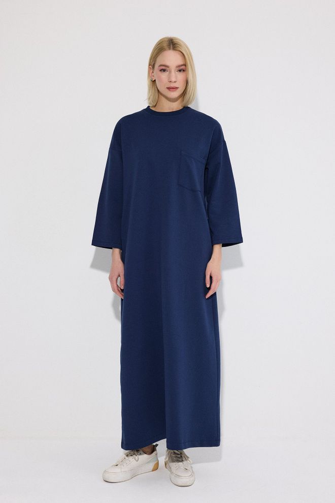 Touche Prive Navy Blue Sweater Dress With 3/4 Straight Sleeves Wholesale Clothing Modest