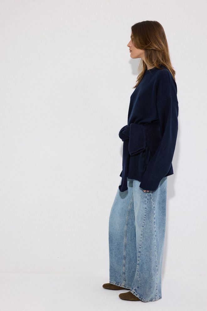 Touche Prive Navy Blue Sweater Oversized Fit Round Neck Wholesale Clothing Spring