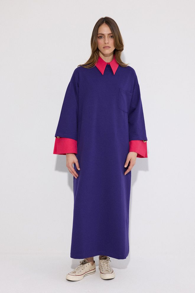 Touche Prive Purple Maxi Shift Dress With 3/4 Straight Sleeves Wholesale Clothing Modest