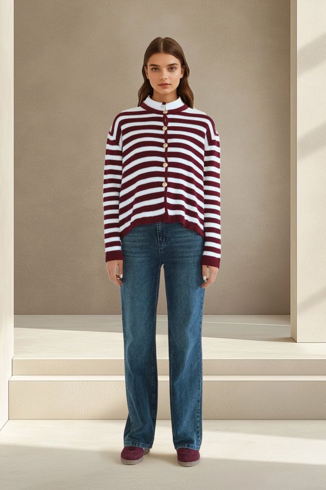 Touche Prive Gilet Blanc Rayé Boutonné Avec Encolure Ronde Vêtements en gros Décontracté