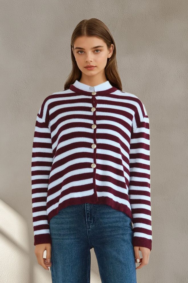 Touche Prive White Striped Buttoned Cardigan With Round Neck Wholesale Clothing 1