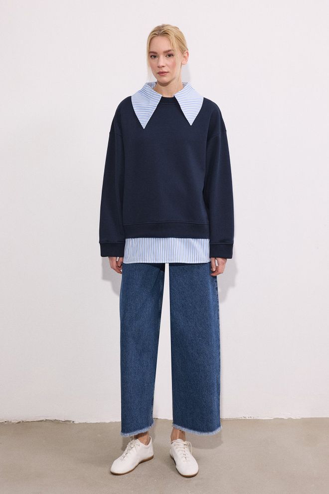 Touche Prive Фуфайка Темно синий Длинный Рукав Круглая Шея Оверсайз Оптовая продажа одежды Повседневный