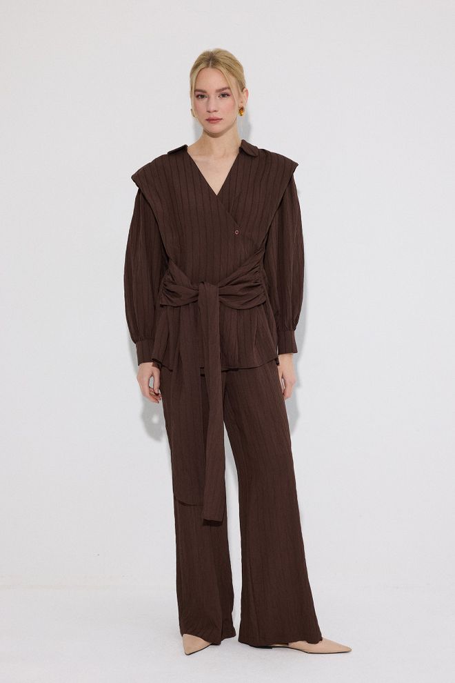 Touche Prive Conjunto Marrón Elegante Rayas Palazzo Ropa al por mayor Modesto