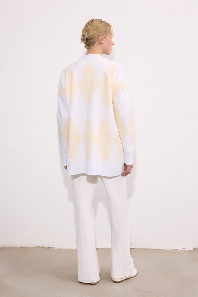 Touche Prive White Checkered Oversized Fit Cardigan Wholesale Clothing Spring