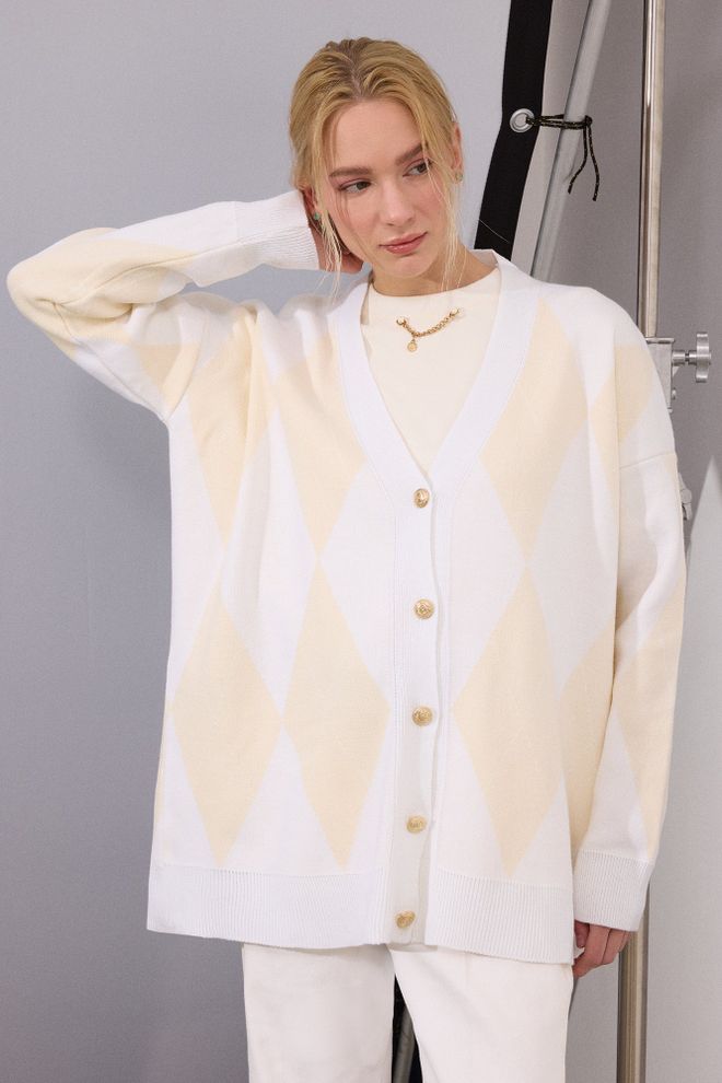 Touche Prive White Checkered Oversized Fit Cardigan Wholesale Clothing Vintage