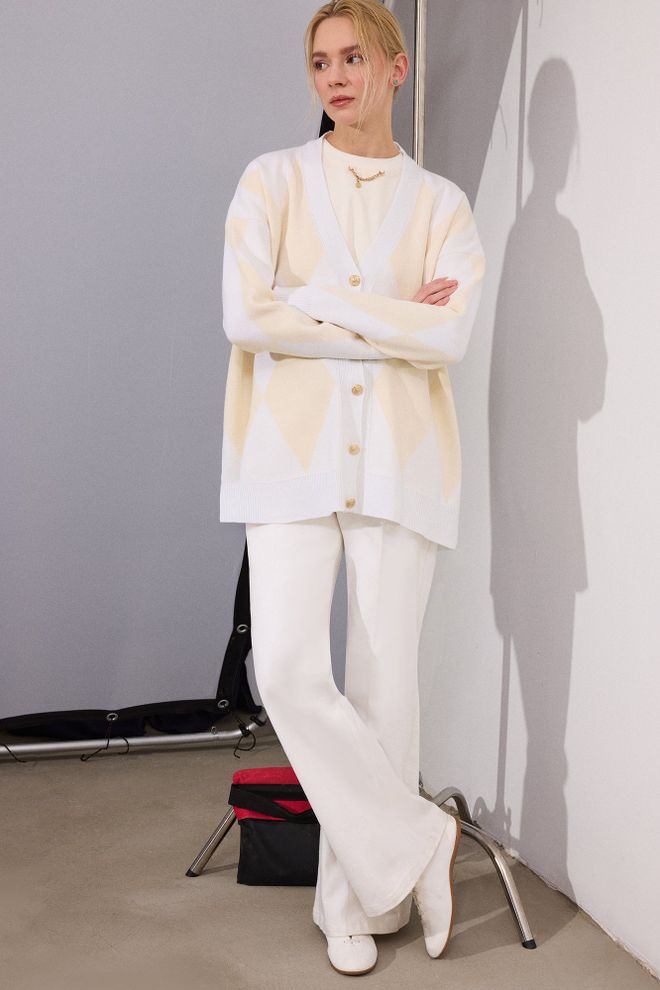 Touche Prive White Checkered Oversized Fit Cardigan Wholesale Clothing Lounge