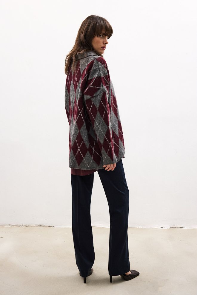 Touche Prive Claret Red Argyle Oversized Sweater With Polo Neck Wholesale Clothing 1