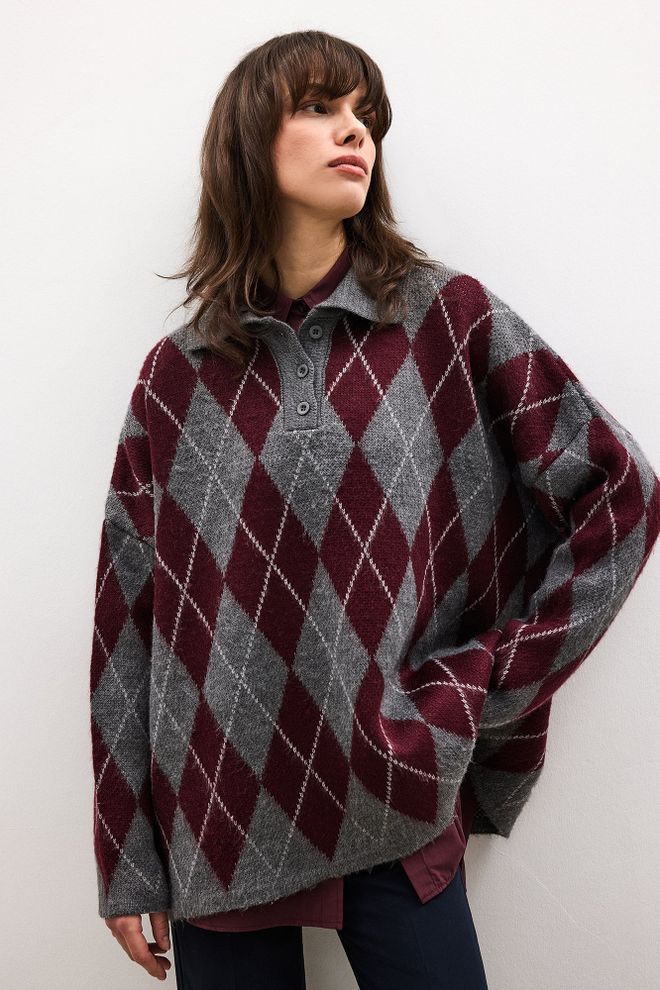 Touche Prive Claret Red Argyle Oversized Sweater With Polo Neck Wholesale Clothing Fall