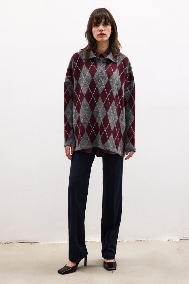 Touche Prive Claret Red Argyle Oversized Sweater With Polo Neck Wholesale Clothing Casual