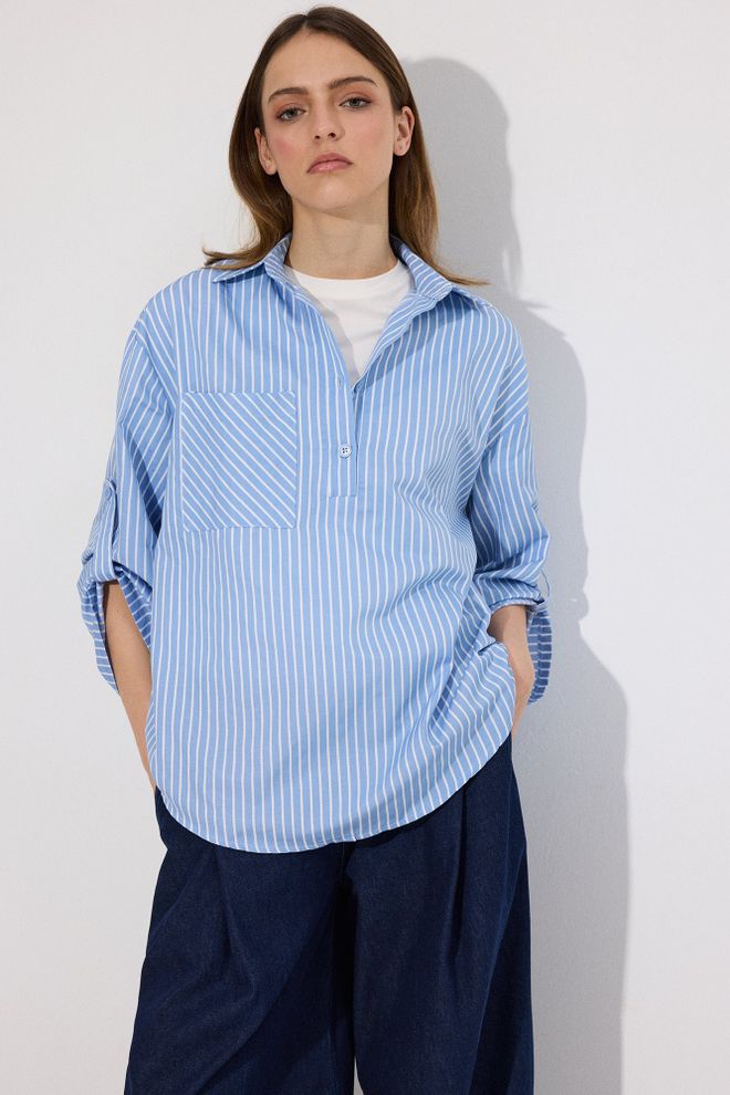 Touche Prive Túnica Azul Riscada Com Botões Gola Polo E Mangas 3/4 Roupas por atacado Modesto