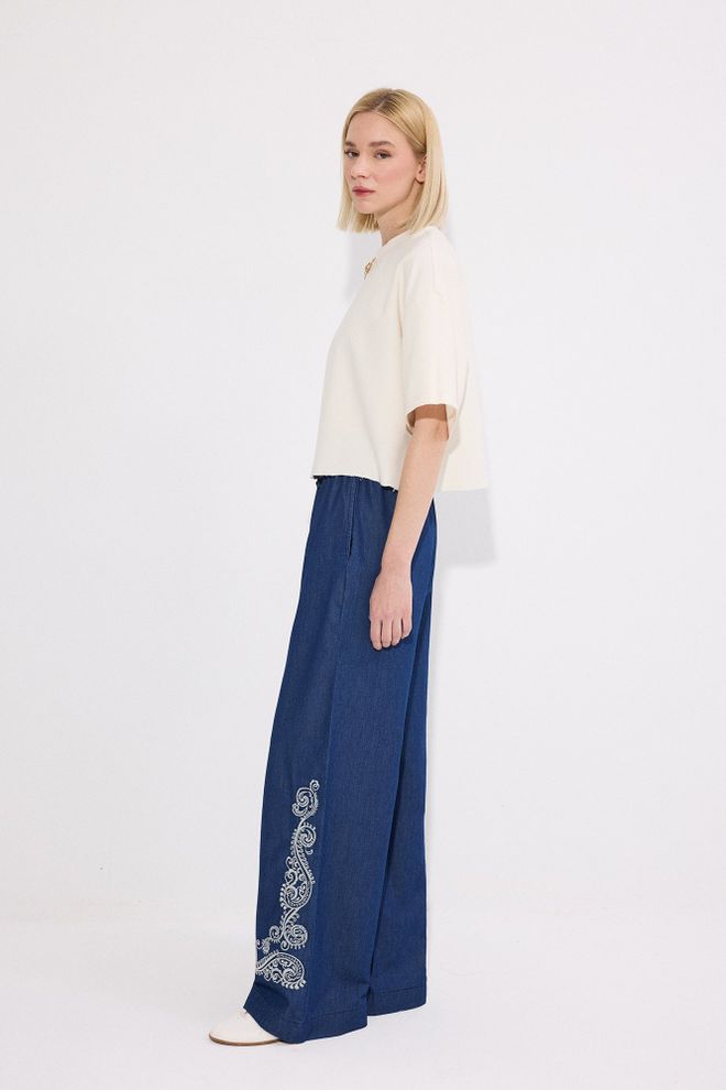 Touche Prive Blue Boho Palazzo Pants With Paisley Pattern Wholesale Clothing 1