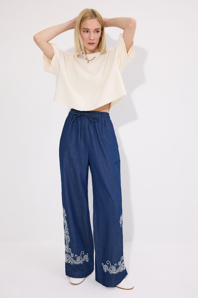 Touche Prive Blue Boho Palazzo Pants With Paisley Pattern Wholesale Clothing Lounge