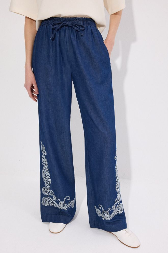 Touche Prive Blue Boho Palazzo Pants With Paisley Pattern Wholesale Clothing Spring
