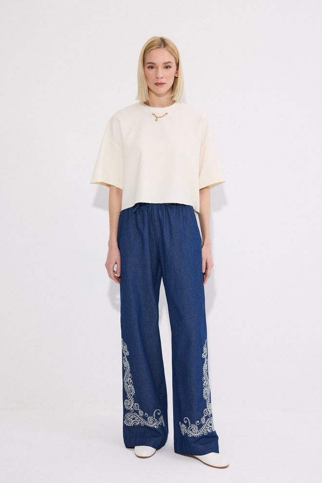 Touche Prive Pantalón Palazzo Azul Boho Con Patrón Paisley Blue Boho Palazzo Pants With Paisley Pattern Ropa al por mayor Casual