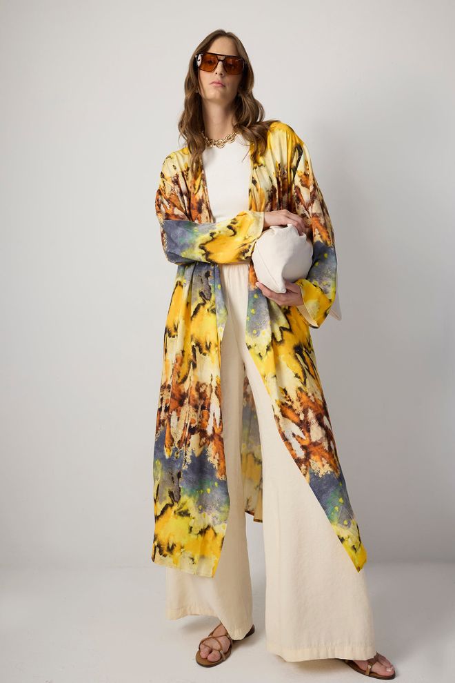Touche Prive Kimono Etnico Giallo Con Motivo Spazzolato Abbigliamento all'ingrosso Casuale