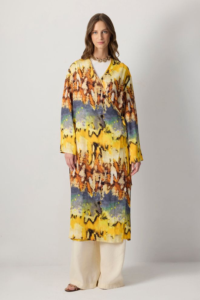 Touche Prive Yellow Ethnic Kimono With Brush Stroke Pattern Wholesale Clothing 1