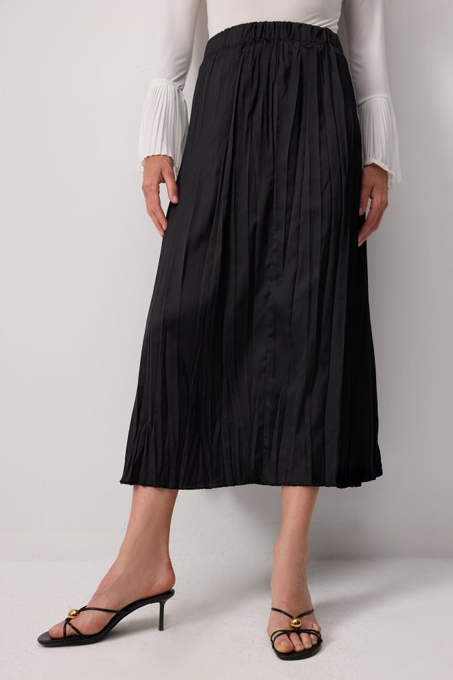 Touche Prive Juoda Plisuota Midi Sijonas Su Aukštu Liemeniu Didmeninė prekyba drabužiais Apykaklė su įkirpimu