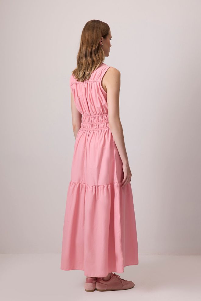 Touche Prive Ροζ Κομψό Φόρεμα Μήκους Εως Το Πάτωμα Τύπου Smock Με Μανίκια Καπέλο Και Στρογγυλή Λαιμόκοψη Χονδρικό εμπόριο ενδυμάτων Απλό