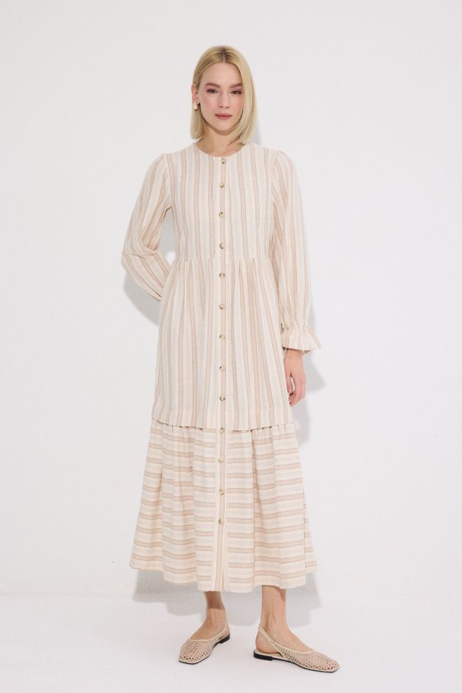 Touche Prive فستان بيج مخطط ماكسي فستان مستقيم بأكمام كشكش ملابس بالجملة محتشم