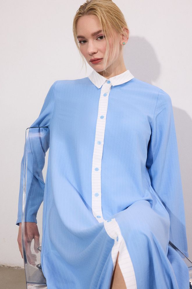 Touche Prive فستان أزرق أنيق محتشم ميدي قميص ملابس بالجملة محتشم