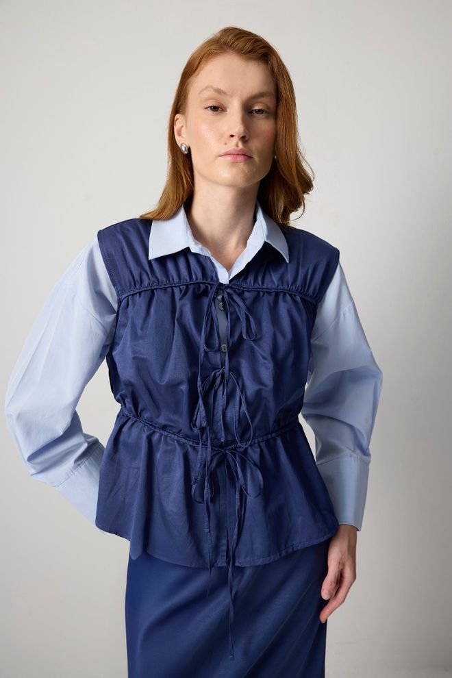 Touche Prive Navy Blue Elegant Tie Closure Vest Wholesale Clothing Lounge