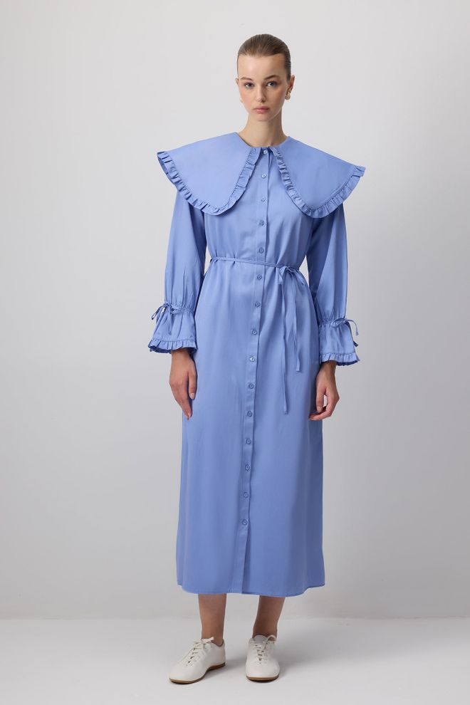 Touche Prive Robe Chemise Bleue Élégante Modeste Avec Manches À Volants Midi Vêtements en gros Modeste