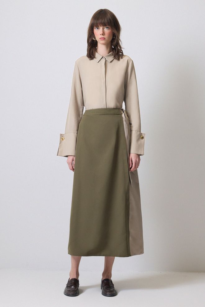 Touche Prive Green Elegant High Waist Wrap Midi Skirt Wholesale Clothing Work