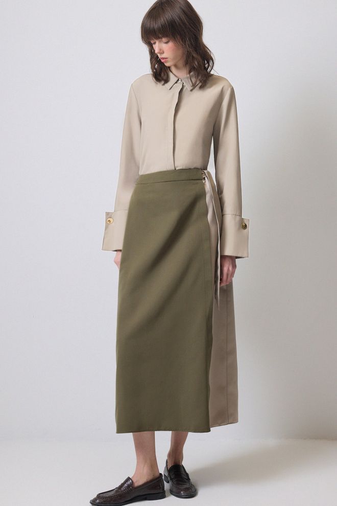 Touche Prive Green Elegant High Waist Wrap Midi Skirt Wholesale Clothing 1