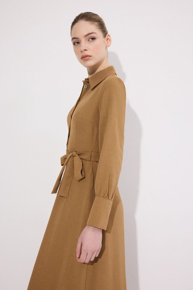 Touche Prive Khaki Modest Shirt Dress With Notched Neck Wholesale Clothing Modest