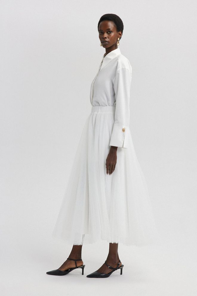 Touche Prive Weißer Eleganter Mehrlagiger Maxi Rock Mit Hoher Taille Großhandelskleidung Jahrgang