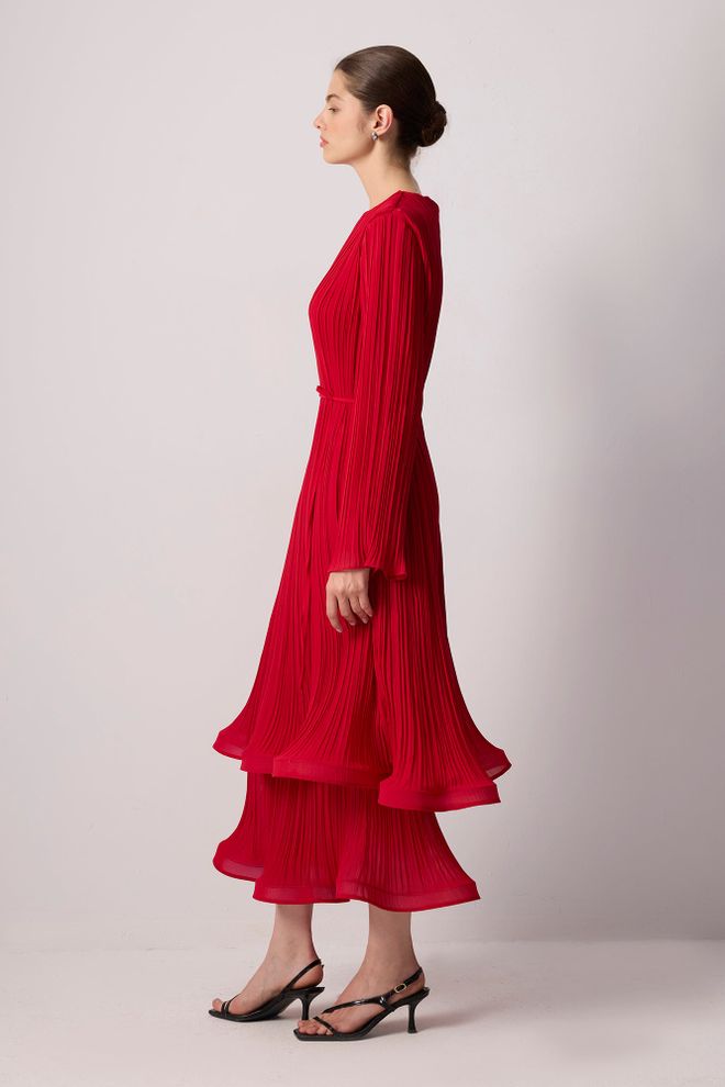 Touche Prive Red Elegant A Line Dress With Bell Sleeves Wholesale Clothing Spring