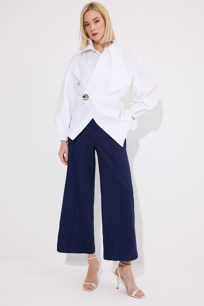 Touche Prive Navy Blue Palazzo Pants With Wide Leg And Zip Up Closure Wholesale Clothing Formal