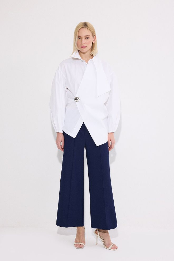 Touche Prive Navy Blue Palazzo Pants With Wide Leg And Zip Up Closure Wholesale Clothing Spring