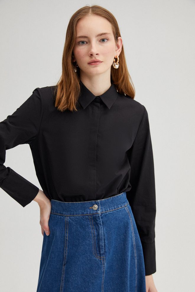 Touche Prive Black Blouse With Polo Neck And Long Straight Sleeves Wholesale Clothing Casual