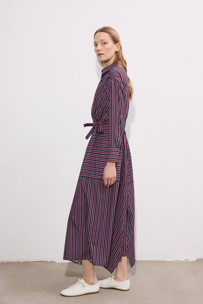 Touche Prive فستان قميص مخطط برقبة بولو باللون الأزرق الداكن ميدي ملابس بالجملة محتشم