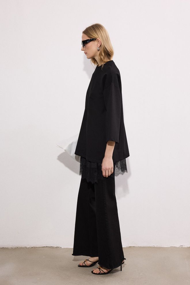 Touche Prive Túnica Negra De Corte Oversize Casual Con Mangas 3/4 Ropa al por mayor Modesto