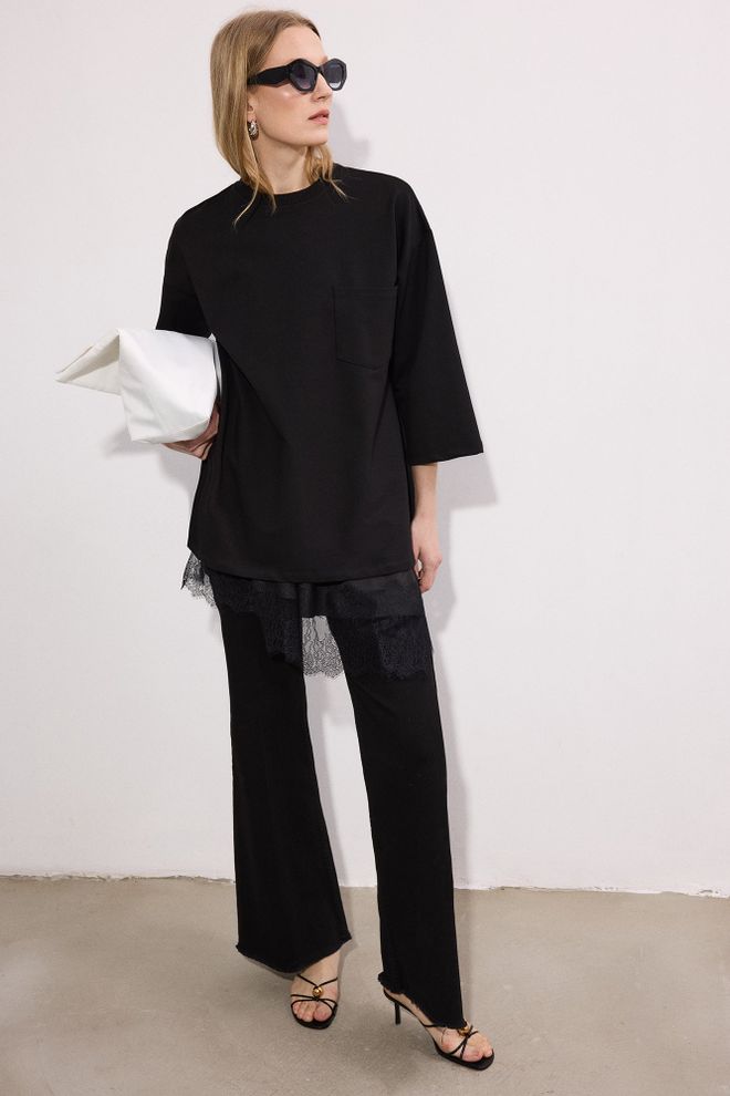 Touche Prive Tunique Noire Grande Taille Décontractée Avec Manches 3/4 Vêtements en gros Printemps