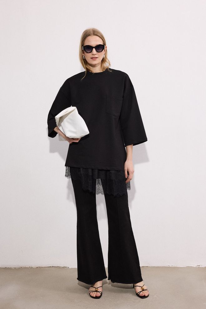 Touche Prive Tunique Noire Grande Taille Décontractée Avec Manches 3/4 Vêtements en gros 1