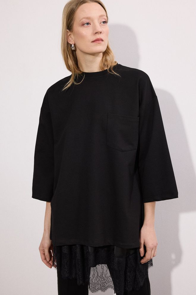 Touche Prive Tunique Noire Grande Taille Décontractée Avec Manches 3/4 Vêtements en gros Décontracté