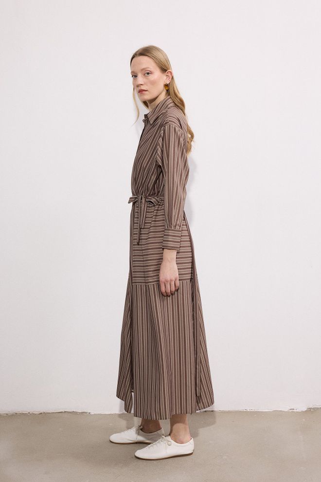 Touche Prive Vestido Marrón A Rayas Envolvente Maxi Con Mangas Largas Ropa al por mayor Modesto