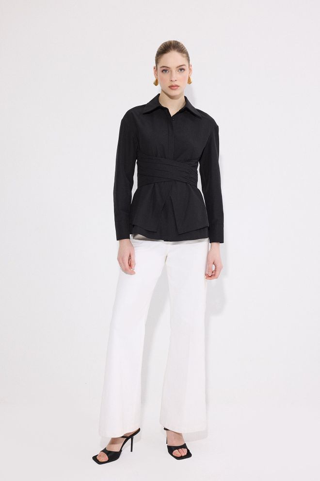 Touche Prive Elegant Black Fitted Shirt With Notched Neck Wholesale Clothing 1