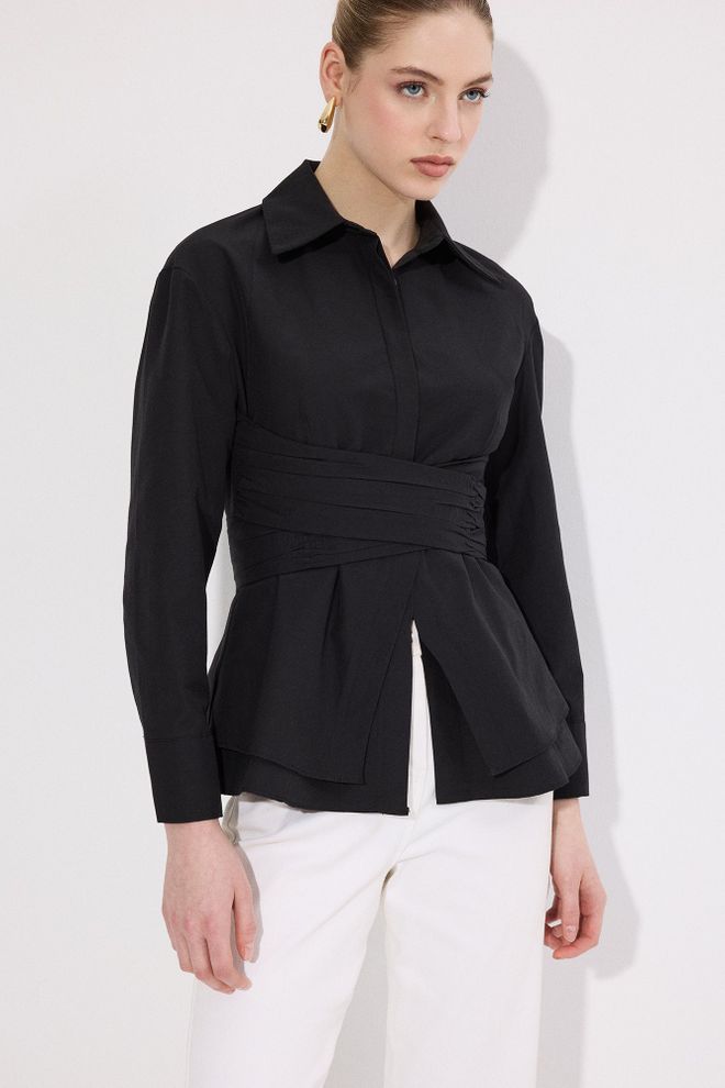 Touche Prive Elegant Black Fitted Shirt With Notched Neck Wholesale Clothing Spring